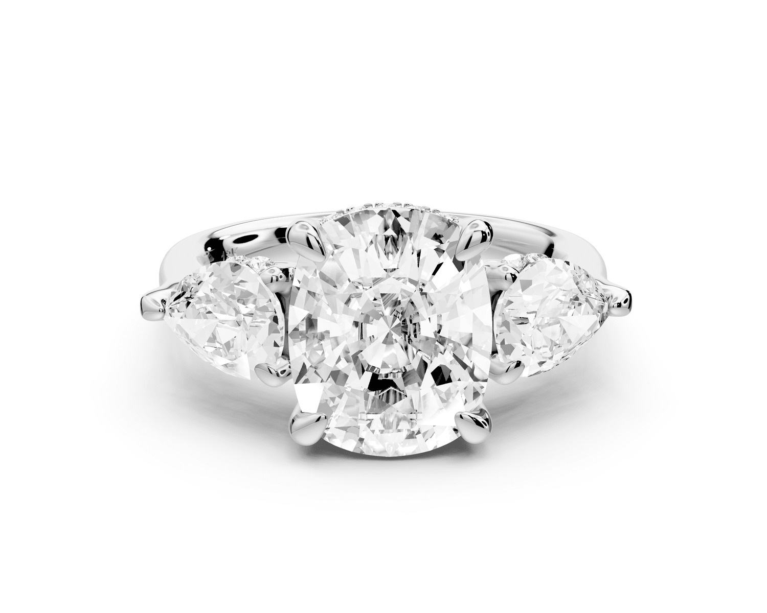 Stella - 4ct 14k white gold Three Stone ecushion with pears Hidden Halo Engagement Ring - Mr. Alex Jewelry