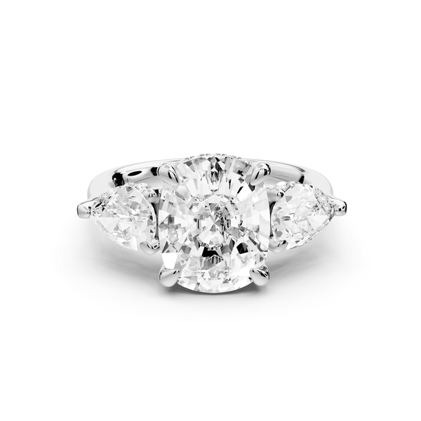 Stella - 4ct 14k white gold Three Stone ecushion with pears Hidden Halo Engagement Ring - Mr. Alex Jewelry