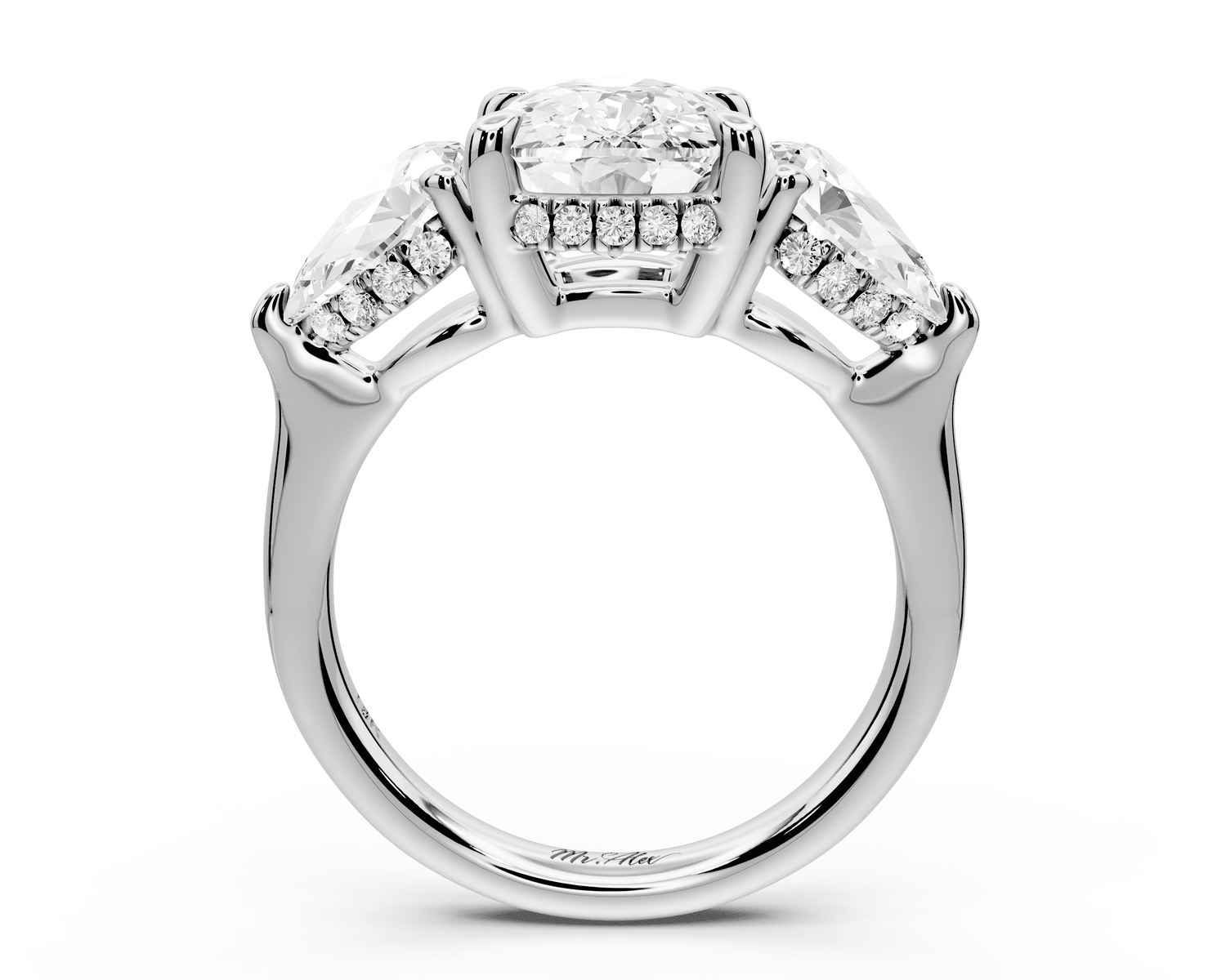 Stella - 4ct 14k white gold Three Stone ecushion with pears Hidden Halo Engagement Ring - Mr. Alex Jewelry