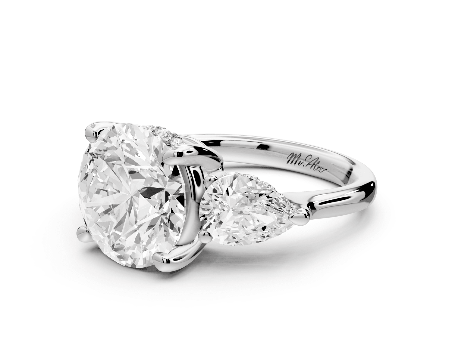 Stella - 4ct 14k white gold Three Stone round with pears Hidden Halo Engagement Ring - Mr. Alex Jewelry
