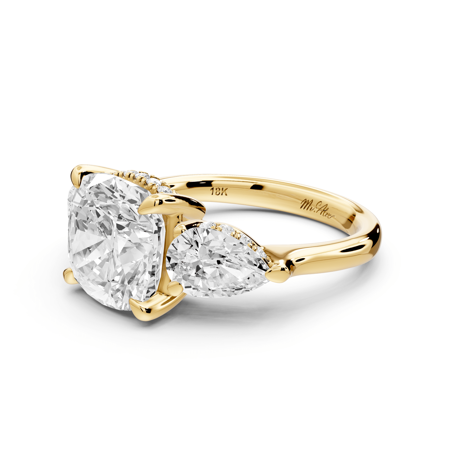 Stella - 4ct 14k yellow gold Three Stone cushion with pears Hidden Halo Engagement Ring - Mr. Alex Jewelry