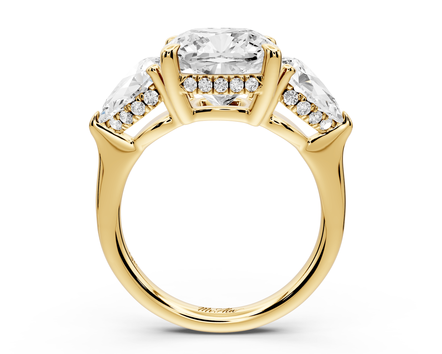 Stella - 4ct 14k yellow gold Three Stone cushion with pears Hidden Halo Engagement Ring - Mr. Alex Jewelry