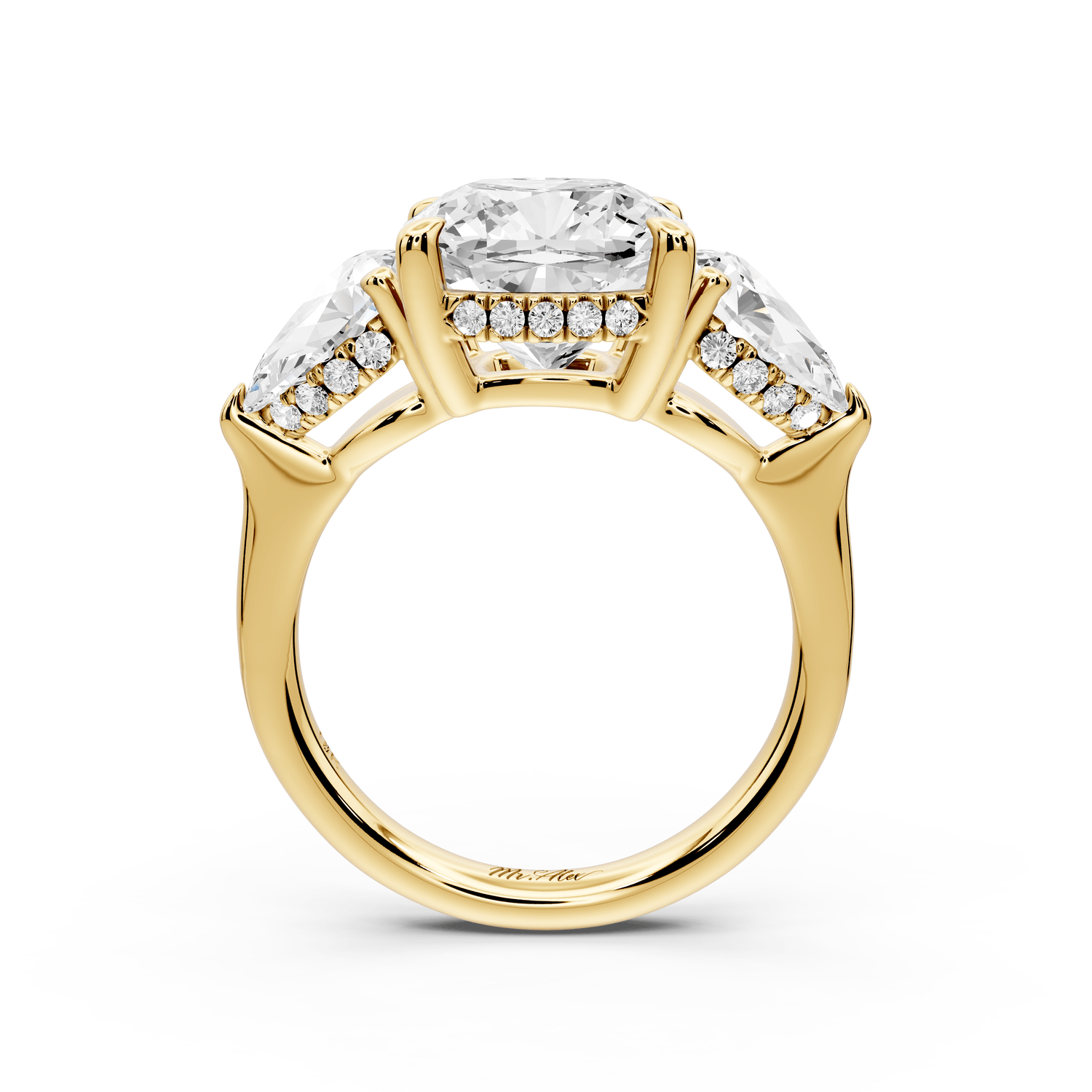 Stella - 4ct 14k yellow gold Three Stone cushion with pears Hidden Halo Engagement Ring - Mr. Alex Jewelry