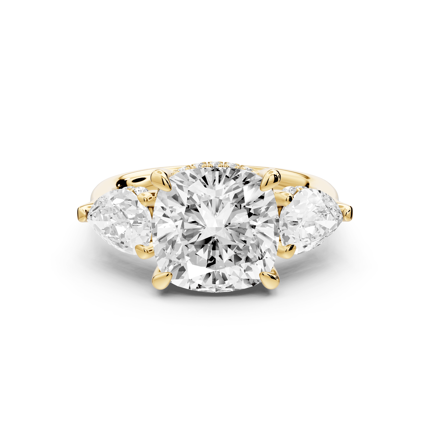 Stella - 4ct 14k yellow gold Three Stone cushion with pears Hidden Halo Engagement Ring - Mr. Alex Jewelry