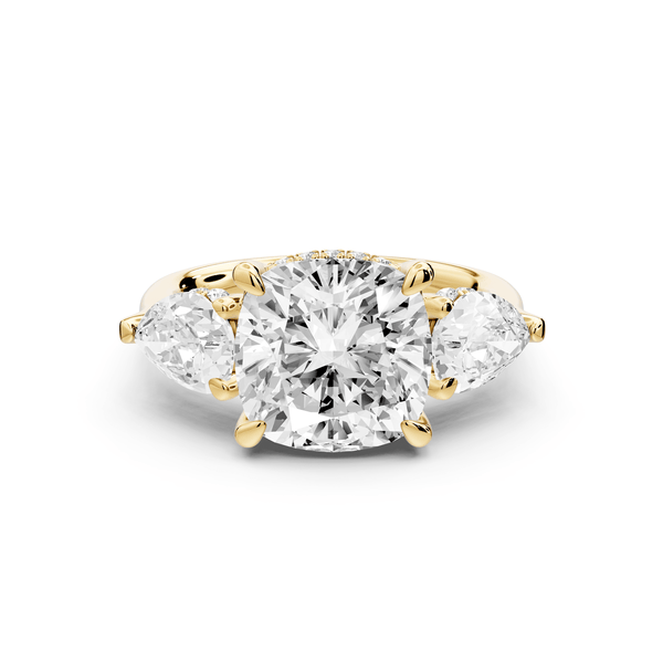 Stella - 4ct 14k yellow gold Three Stone cushion with pears Hidden Halo Engagement Ring - Mr. Alex Jewelry