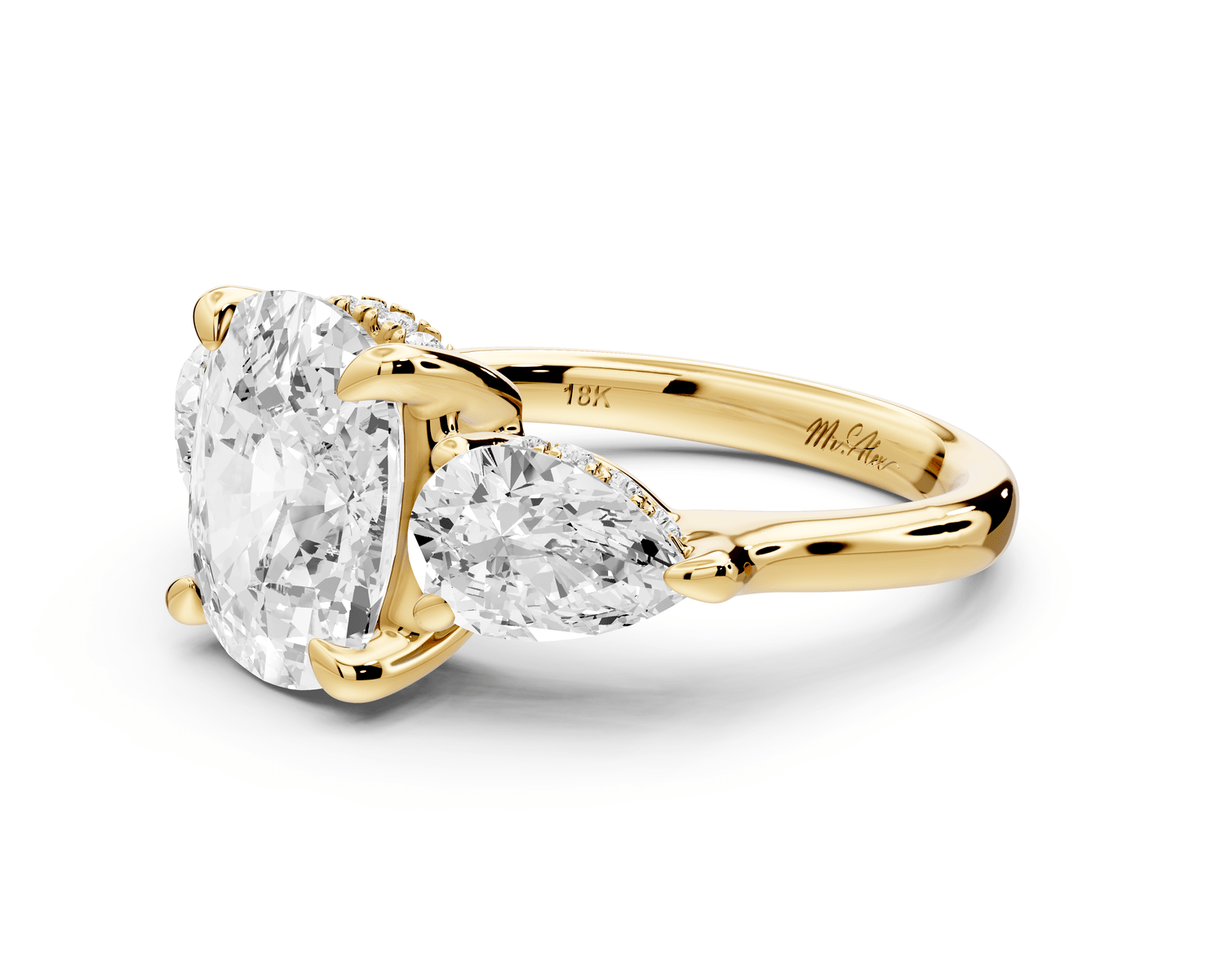 Stella - 4ct 14k yellow gold Three Stone ecushion with pears Hidden Halo Engagement Ring - Mr. Alex Jewelry