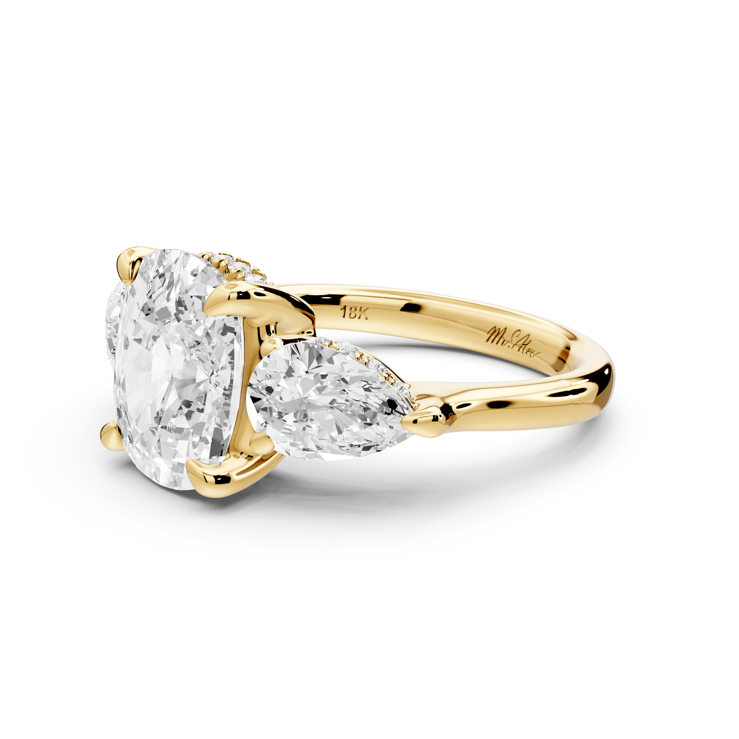 Stella - 4ct 14k yellow gold Three Stone ecushion with pears Hidden Halo Engagement Ring - Mr. Alex Jewelry