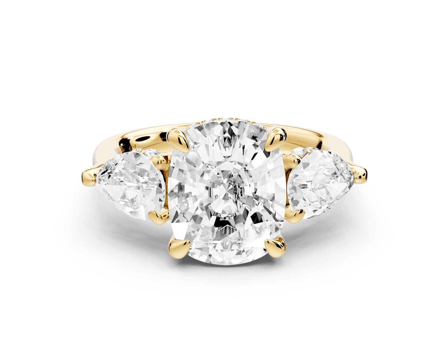 Stella - 4ct 14k yellow gold Three Stone ecushion with pears Hidden Halo Engagement Ring - Mr. Alex Jewelry