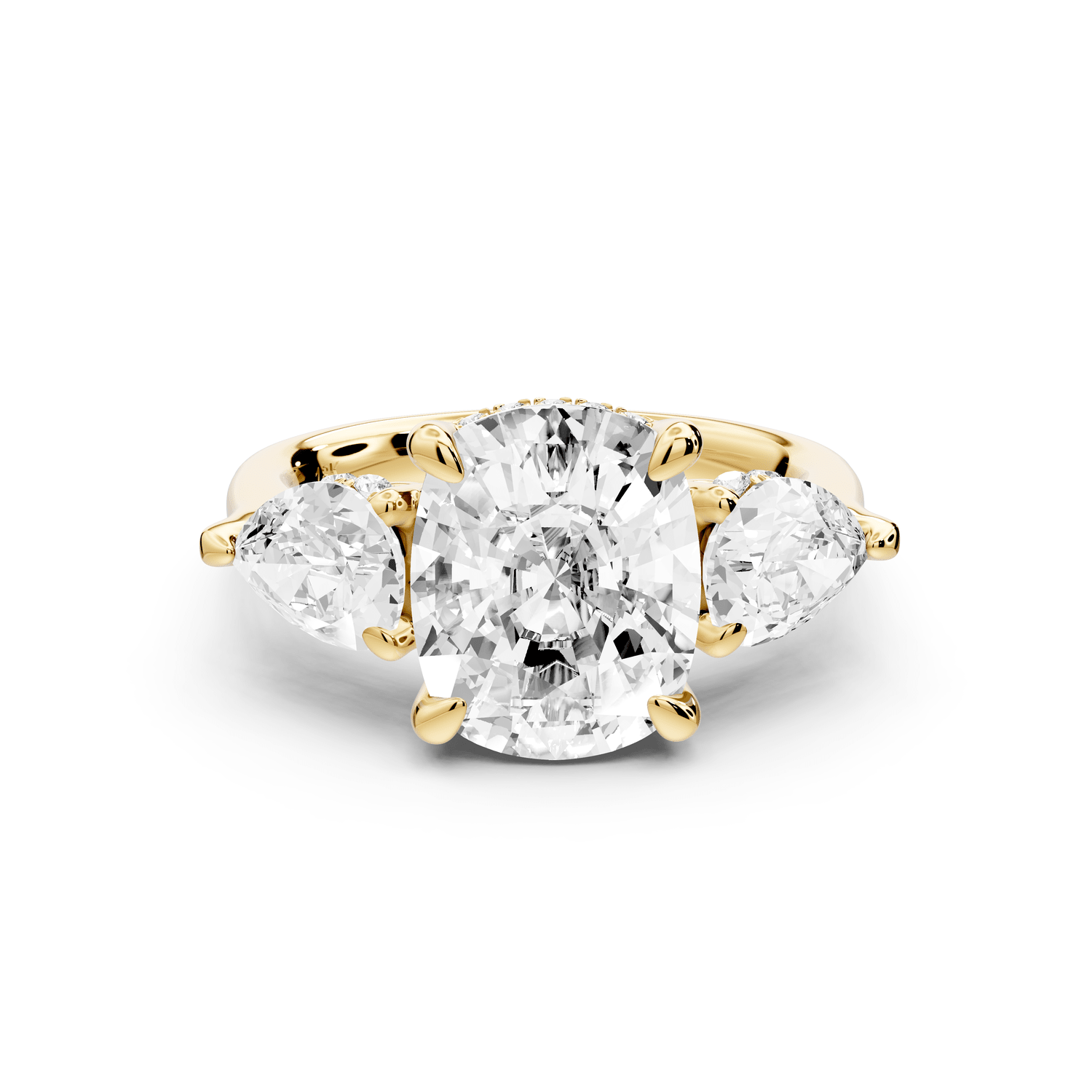Stella - 4ct 14k yellow gold Three Stone ecushion with pears Hidden Halo Engagement Ring - Mr. Alex Jewelry