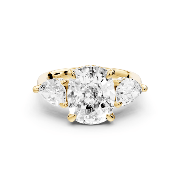 Stella - 4ct 14k yellow gold Three Stone ecushion with pears Hidden Halo Engagement Ring - Mr. Alex Jewelry