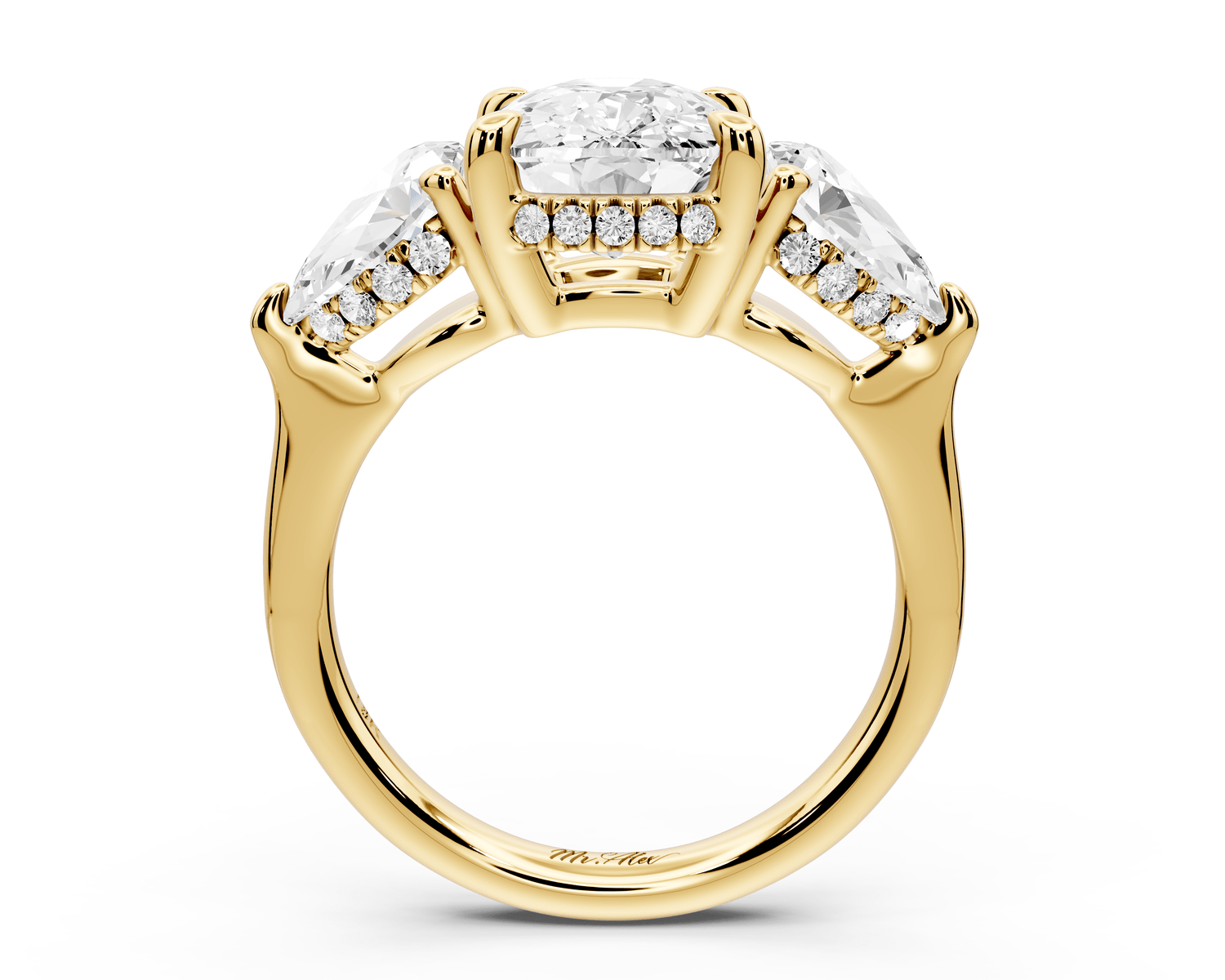 Stella - 4ct 14k yellow gold Three Stone ecushion with pears Hidden Halo Engagement Ring - Mr. Alex Jewelry