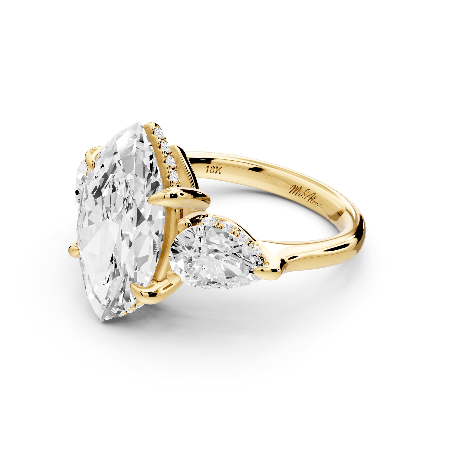 Stella - 4ct 14k yellow gold Three Stone marquise with pears Hidden Halo Engagement Ring - Mr. Alex Jewelry