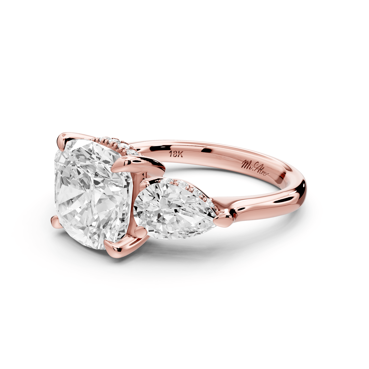 Stella - 4ct 18k rose gold Three Stone cushion with pears Hidden Halo Engagement Ring - Mr. Alex Jewelry