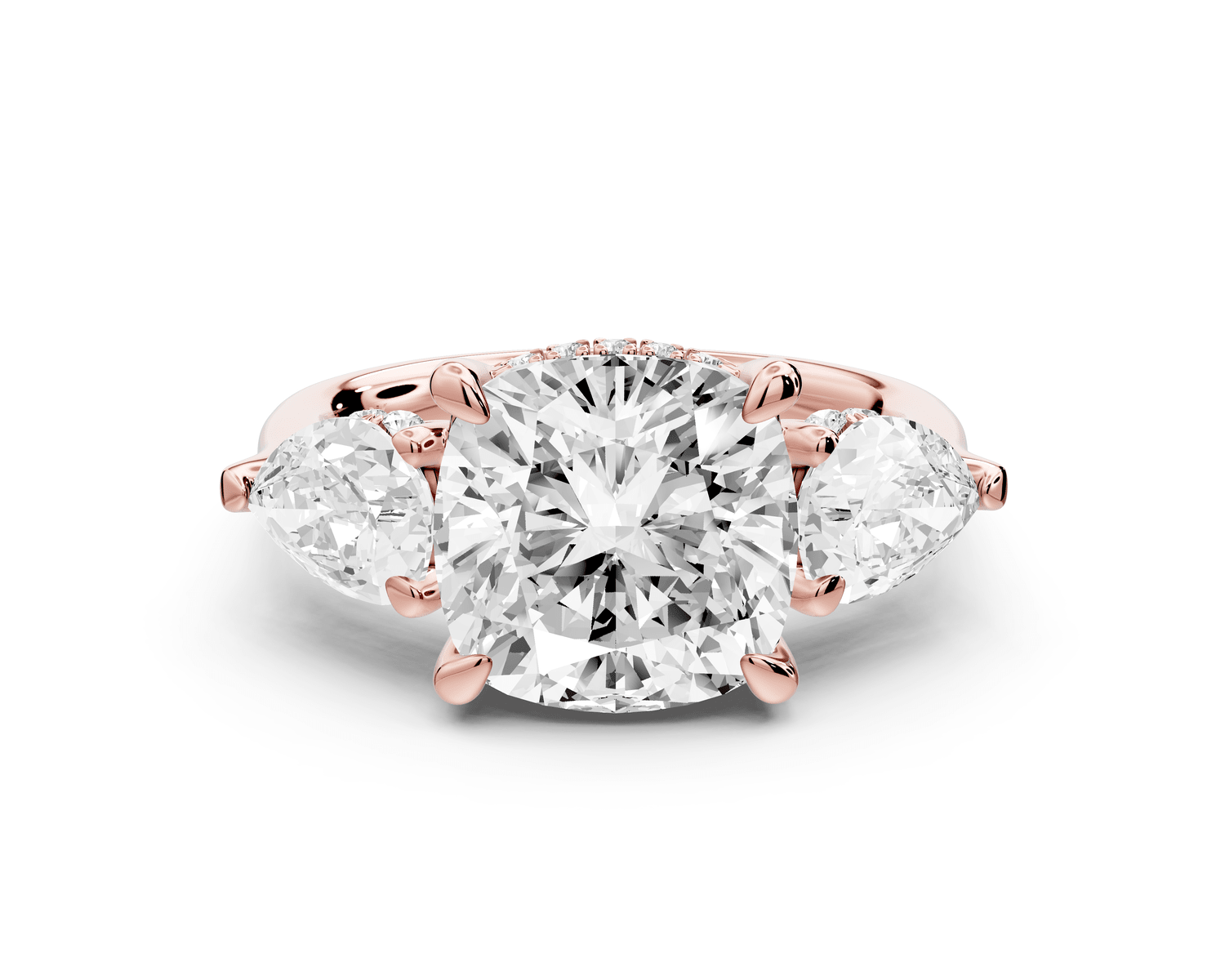 Stella - 4ct 18k rose gold Three Stone cushion with pears Hidden Halo Engagement Ring - Mr. Alex Jewelry