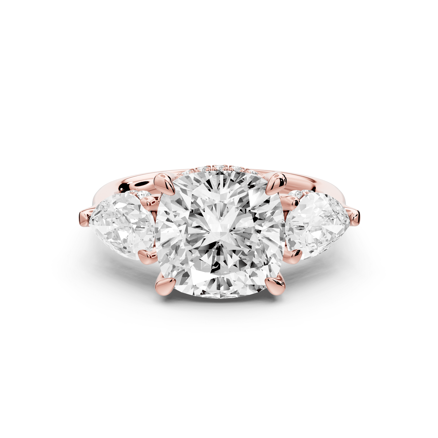 Stella - 4ct 18k rose gold Three Stone cushion with pears Hidden Halo Engagement Ring - Mr. Alex Jewelry