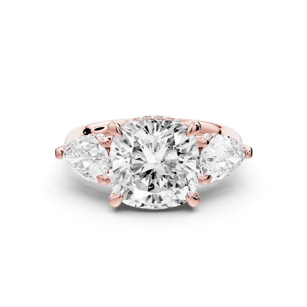 Stella - 4ct 18k rose gold Three Stone cushion with pears Hidden Halo Engagement Ring - Mr. Alex Jewelry
