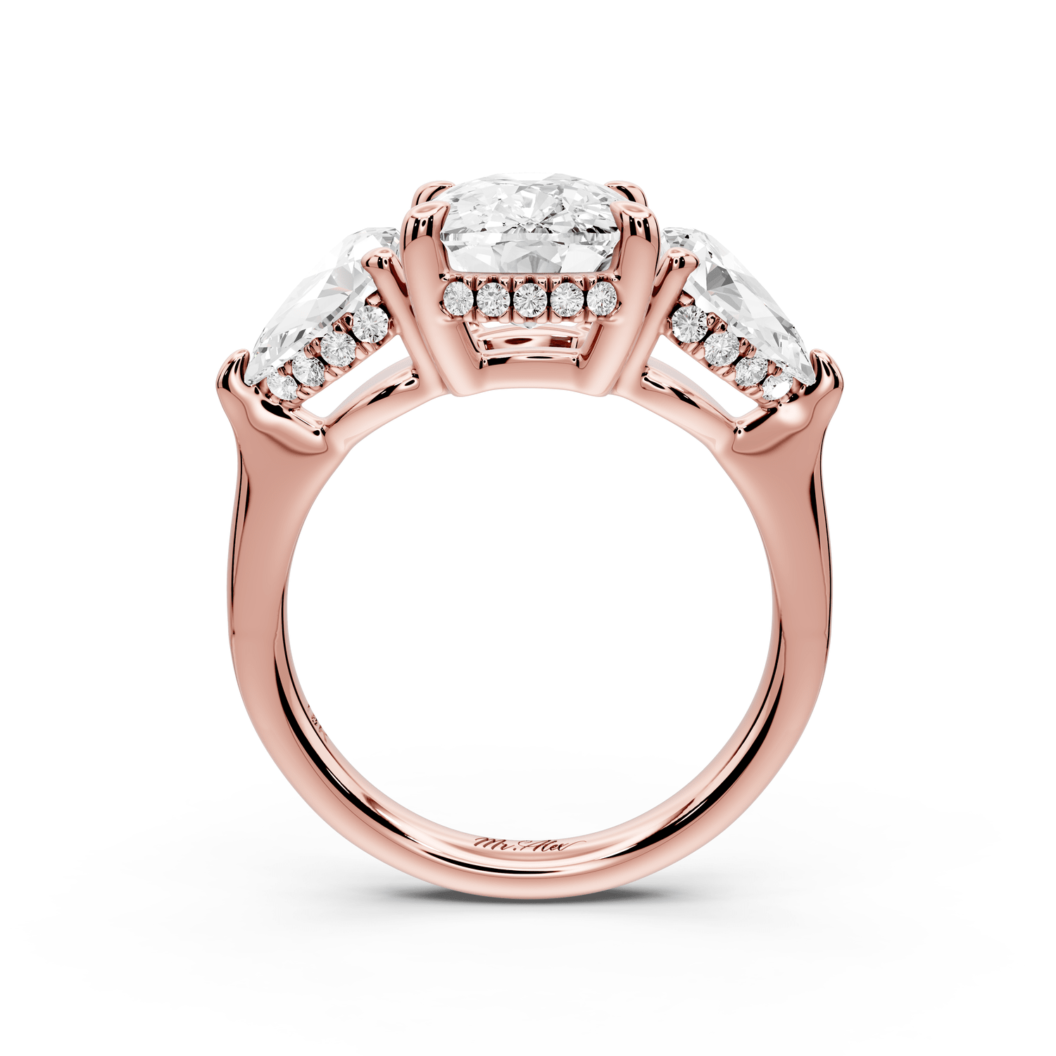 Stella - 4ct 18k rose gold Three Stone ecushion with pears Hidden Halo Engagement Ring - Mr. Alex Jewelry