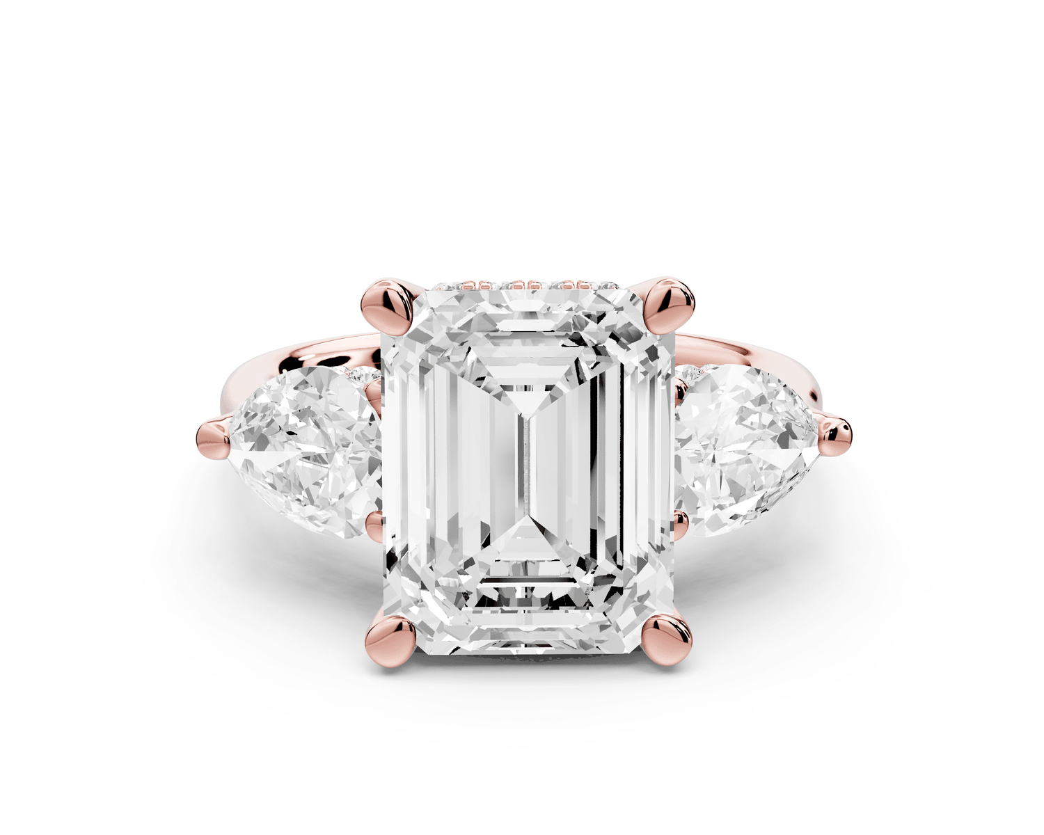 Stella - 4ct 18k rose gold Three Stone emerald with pears Hidden Halo Engagement Ring - Mr. Alex Jewelry