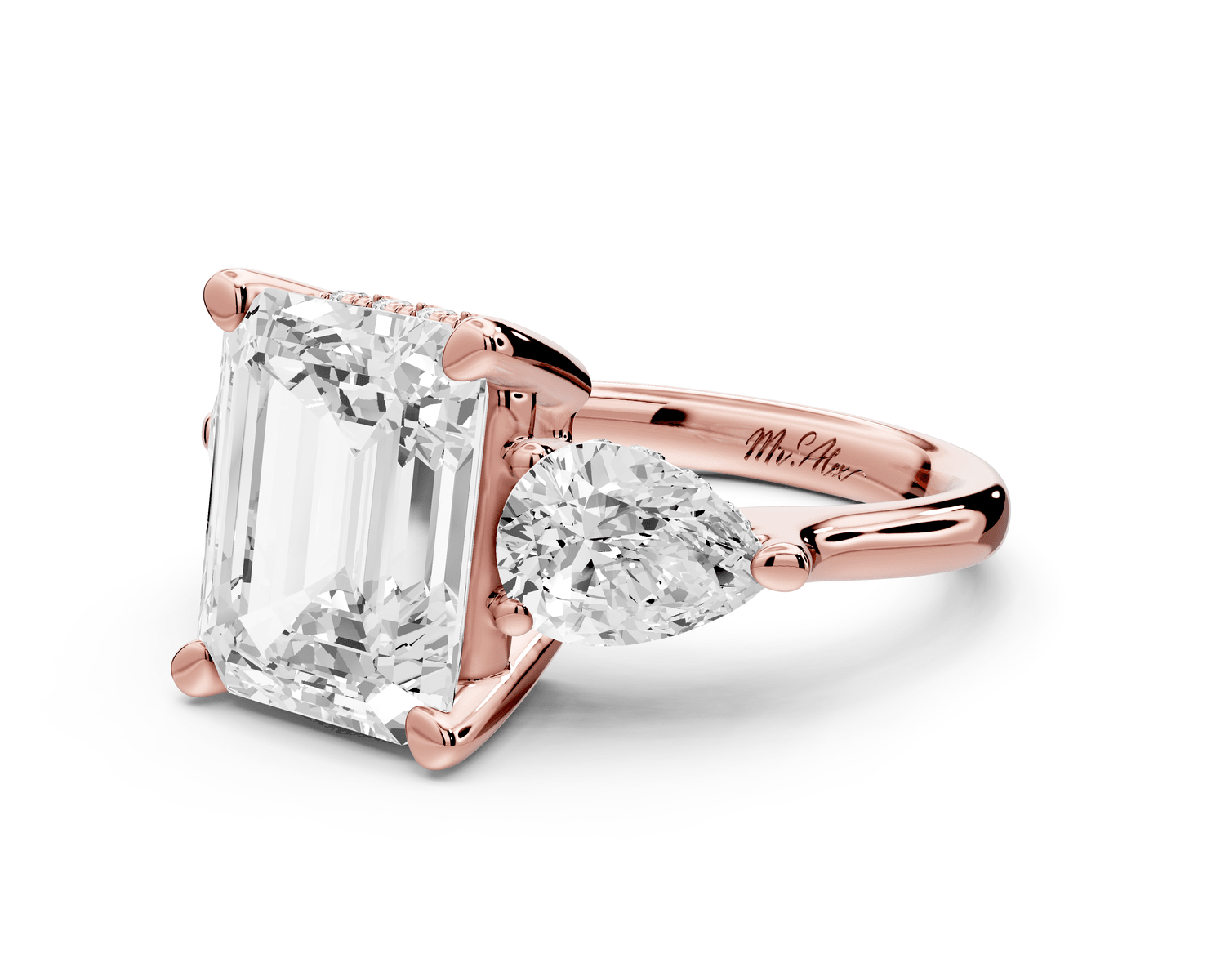 Stella - 4ct 18k rose gold Three Stone emerald with pears Hidden Halo Engagement Ring - Mr. Alex Jewelry