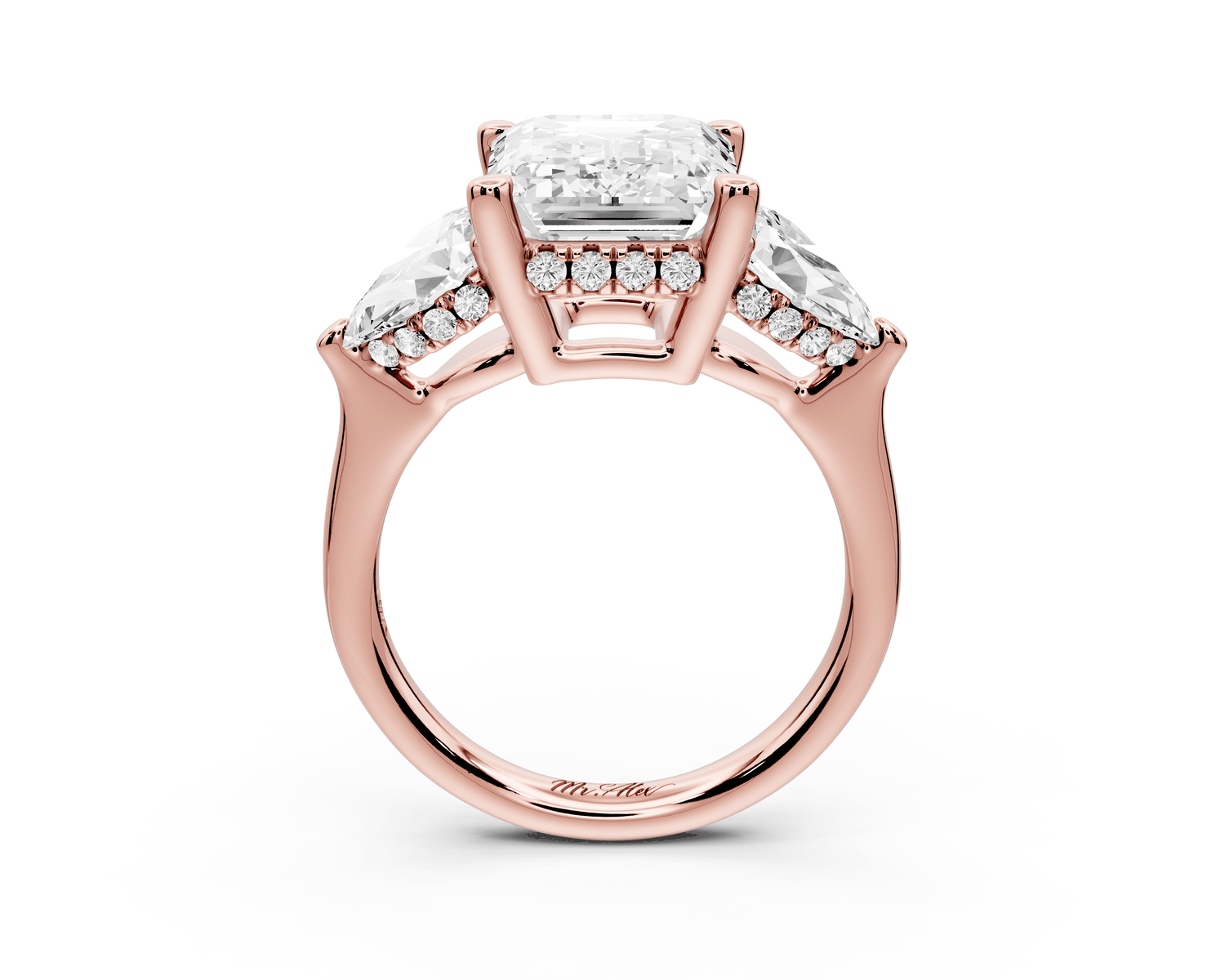 Stella - 4ct 18k rose gold Three Stone emerald with pears Hidden Halo Engagement Ring - Mr. Alex Jewelry