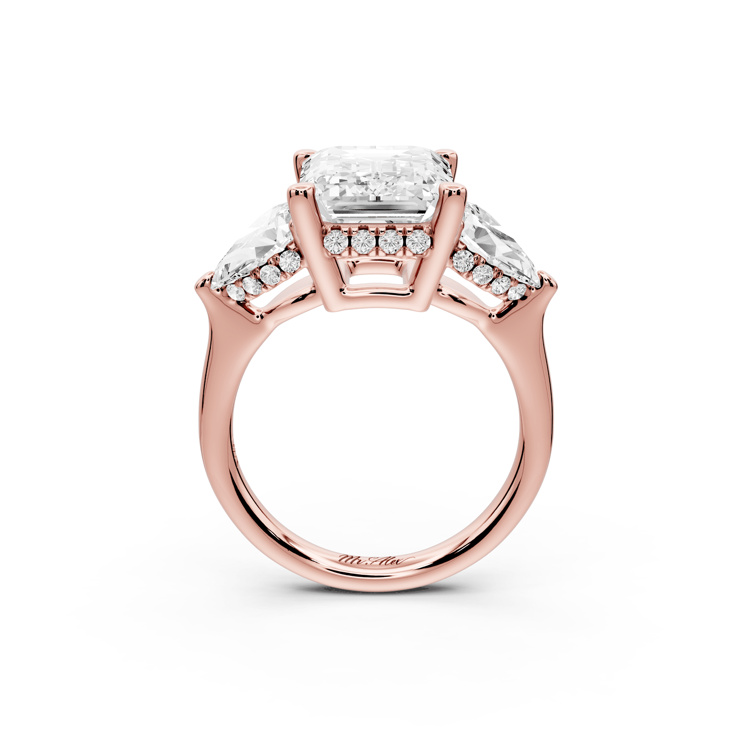 Stella - 4ct 18k rose gold Three Stone emerald with pears Hidden Halo Engagement Ring - Mr. Alex Jewelry