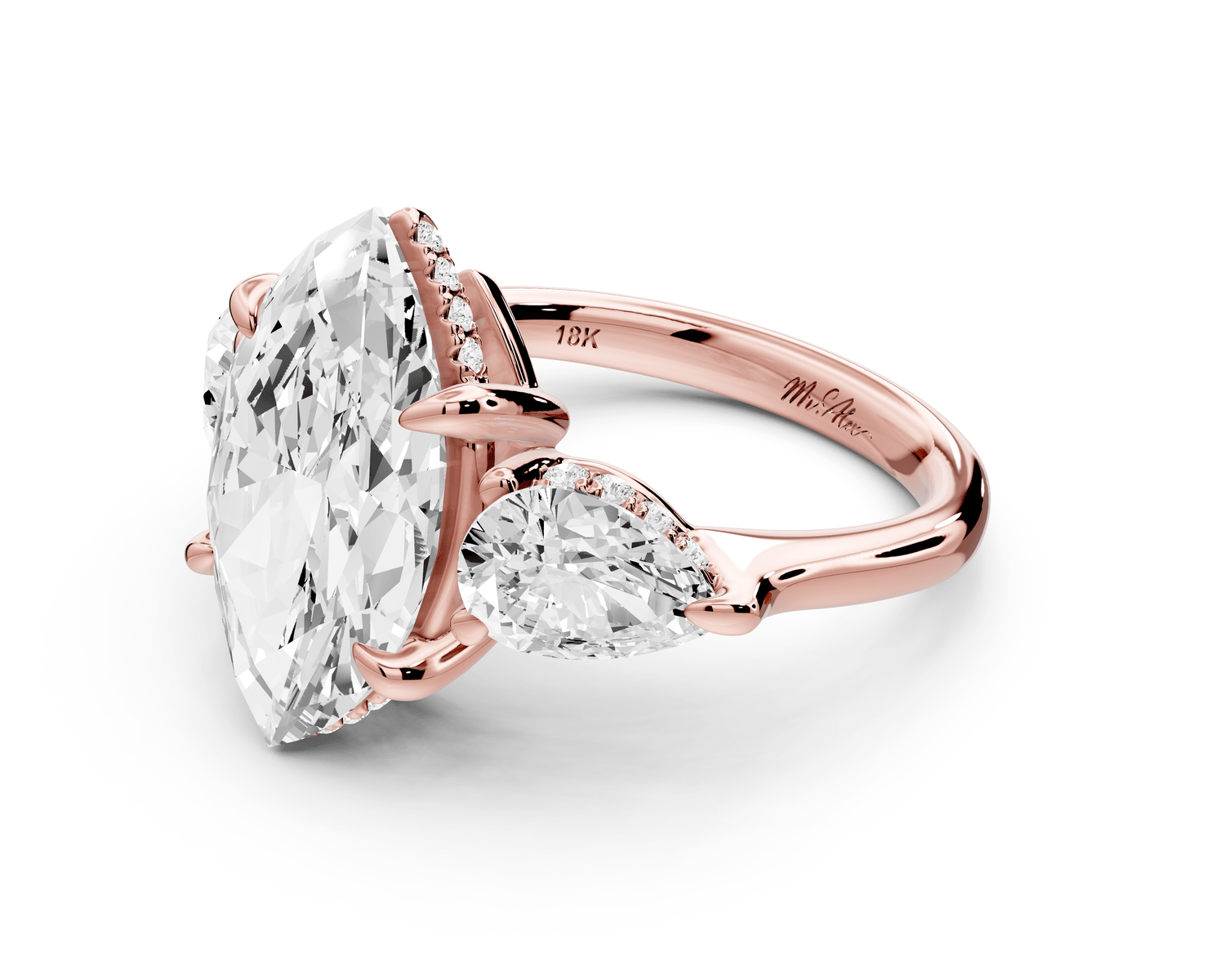 Stella - 4ct 18k rose gold Three Stone marquise with pears Hidden Halo Engagement Ring - Mr. Alex Jewelry