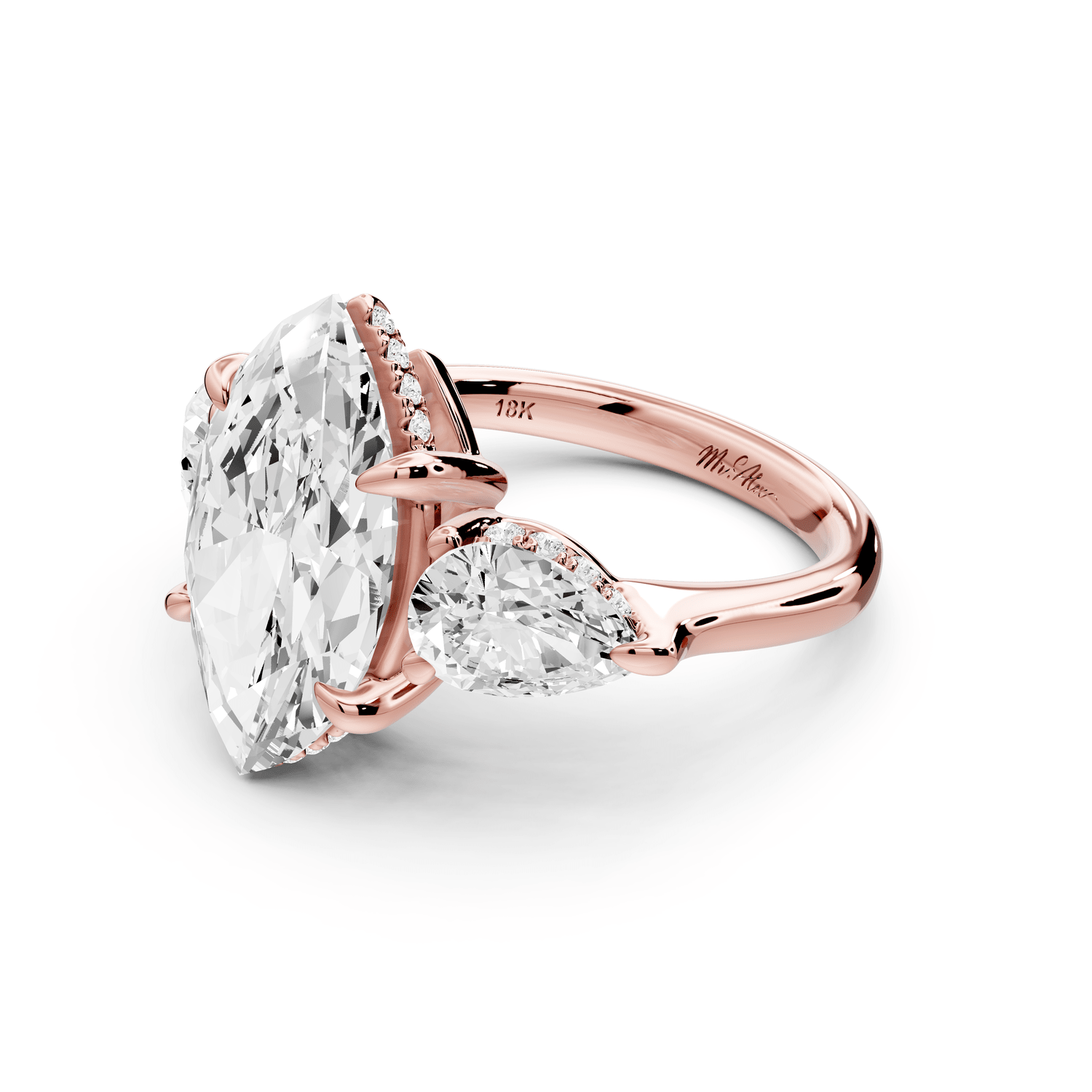 Stella - 4ct 18k rose gold Three Stone marquise with pears Hidden Halo Engagement Ring - Mr. Alex Jewelry