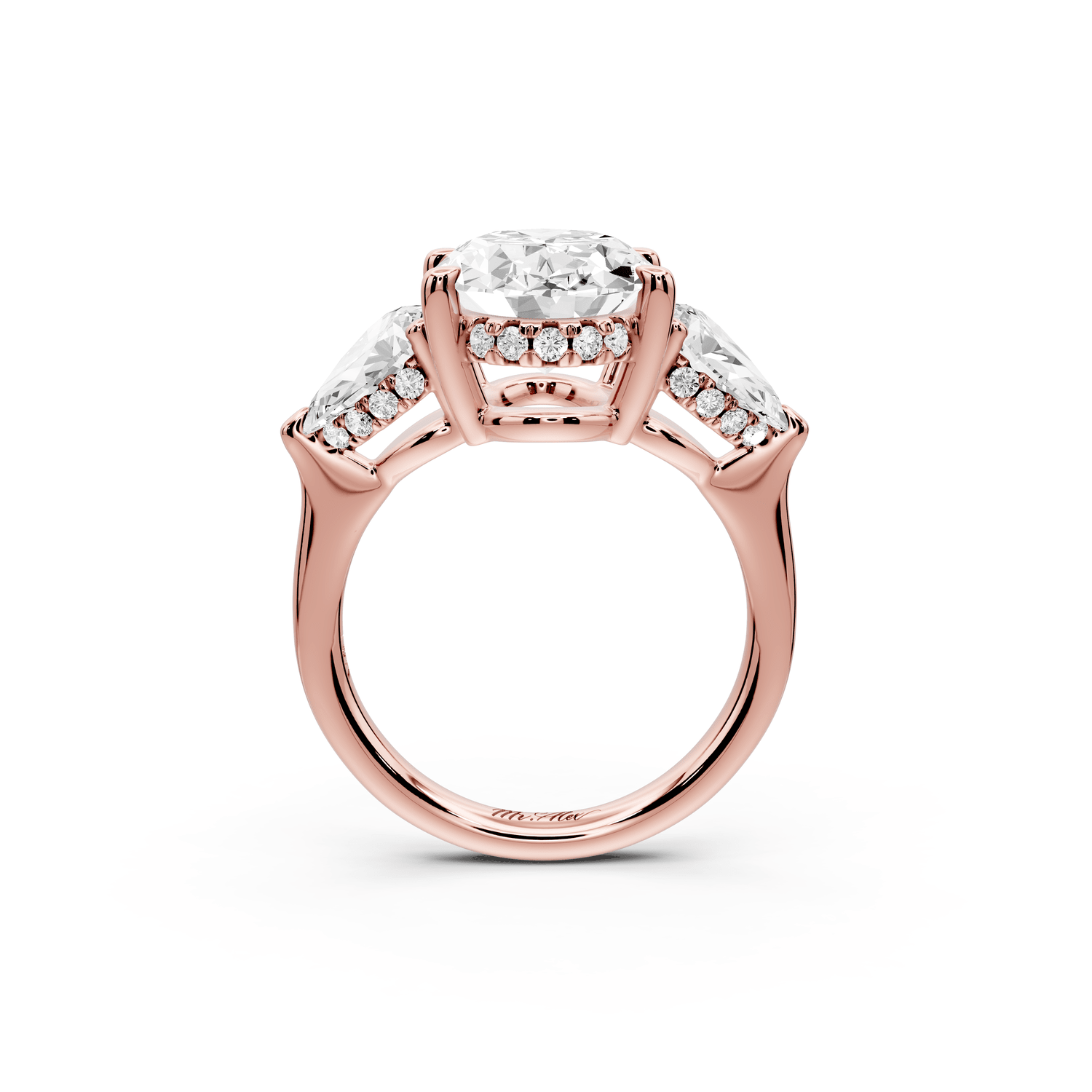 Stella - 4ct 18k rose gold Three Stone oval with pears Hidden Halo Engagement Ring - Mr. Alex Jewelry