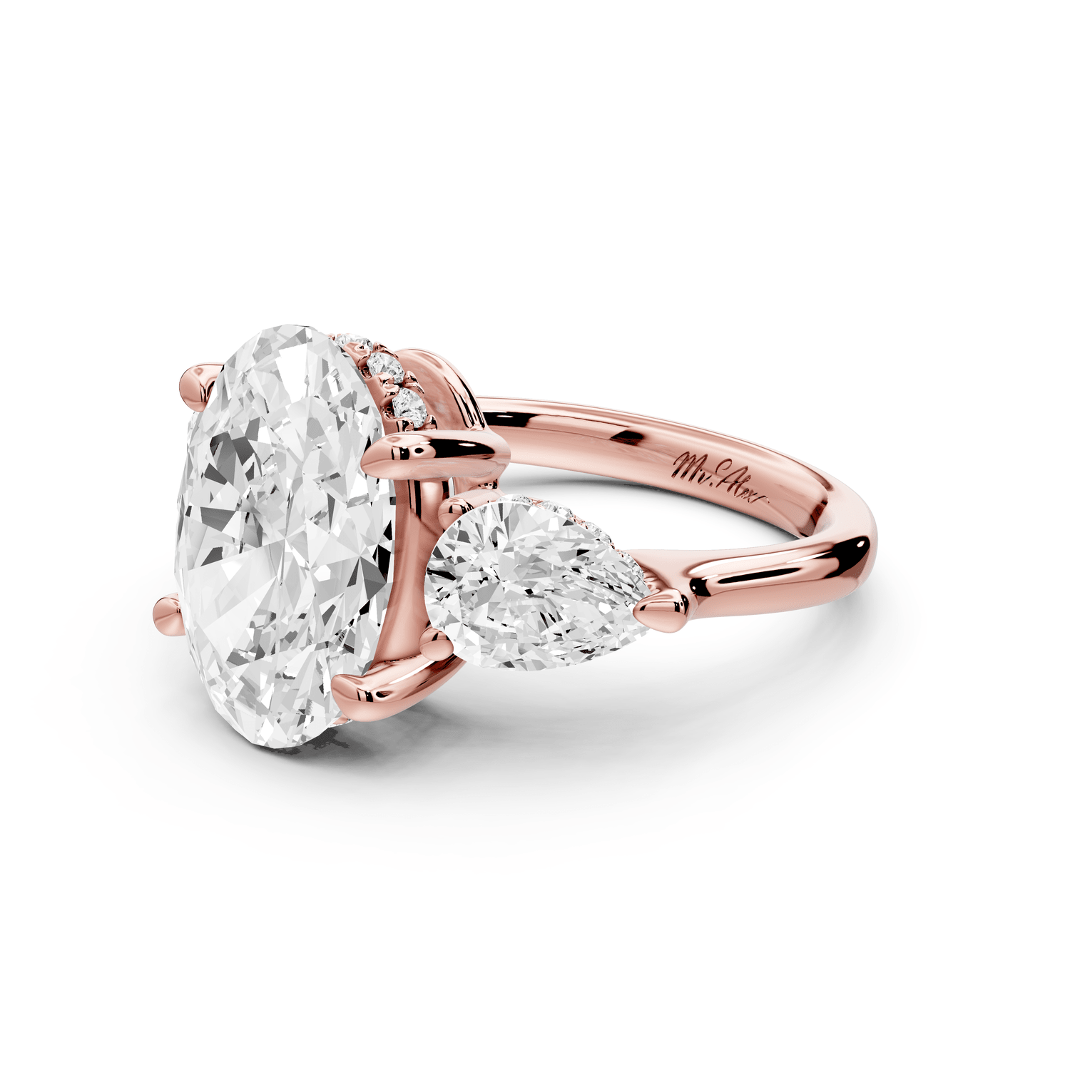 Stella - 4ct 18k rose gold Three Stone oval with pears Hidden Halo Engagement Ring - Mr. Alex Jewelry