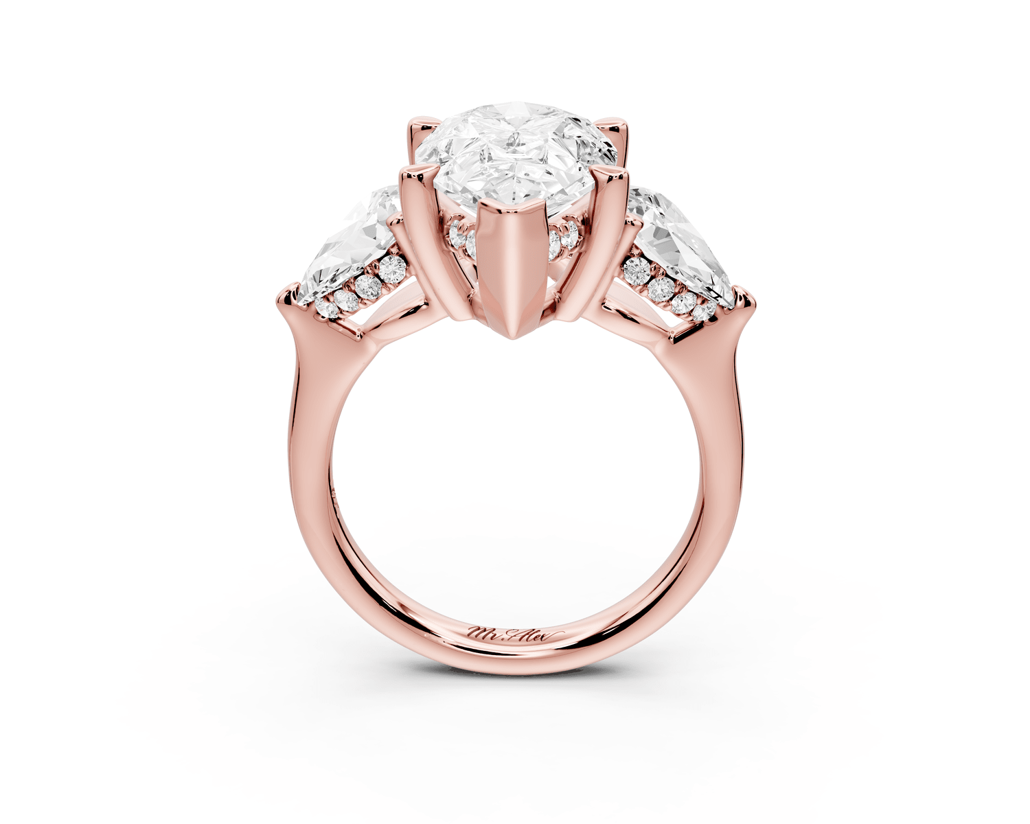 Stella - 4ct 18k rose gold Three Stone pear with pears Hidden Halo Engagement Ring - Mr. Alex Jewelry