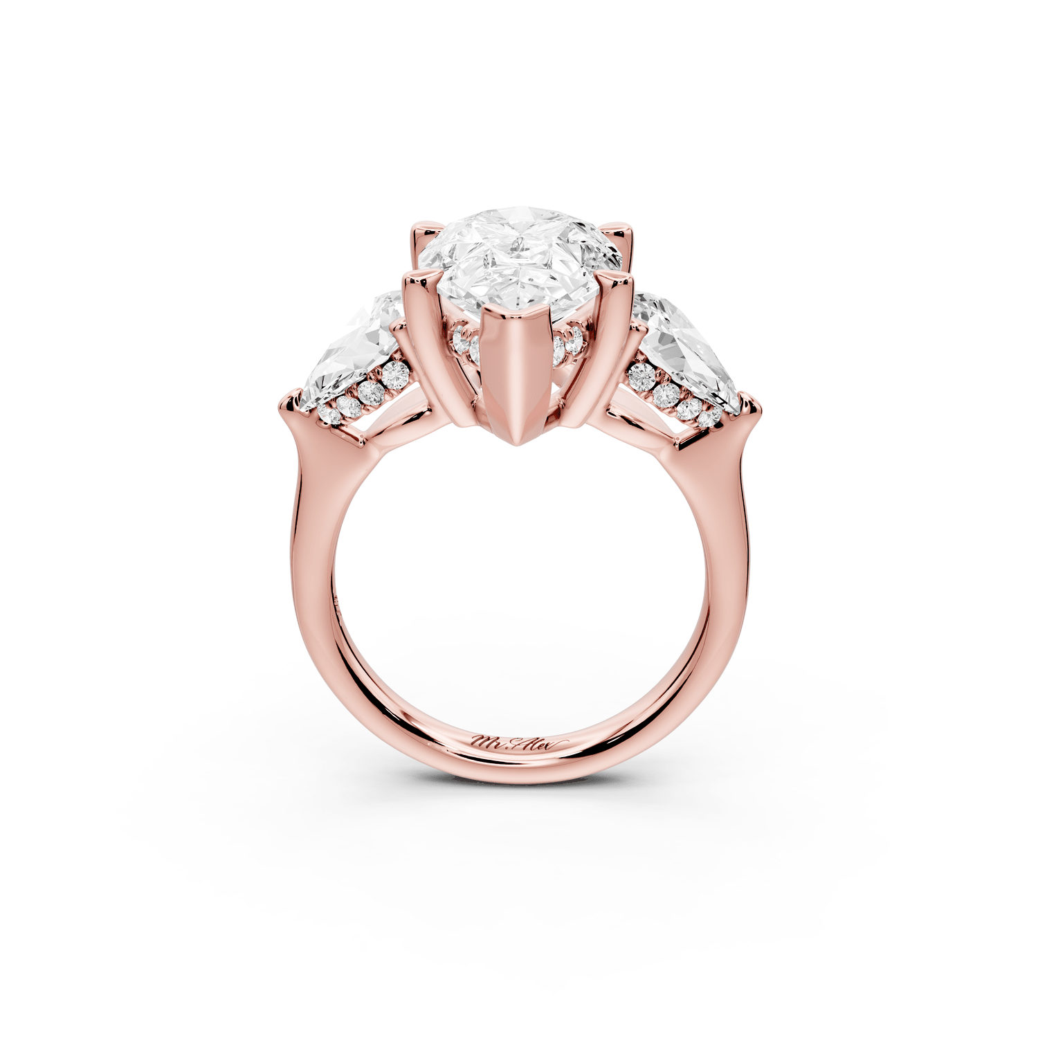 Stella - 4ct 18k rose gold Three Stone pear with pears Hidden Halo Engagement Ring - Mr. Alex Jewelry