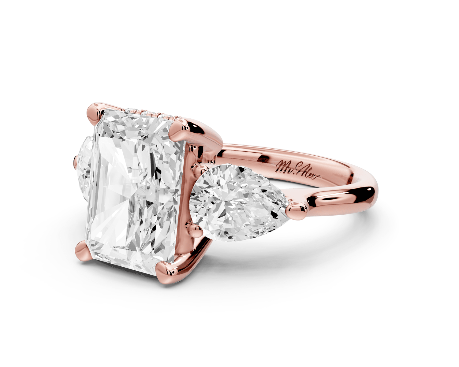 Stella - 4ct 18k rose gold Three Stone radiant with pears Hidden Halo Engagement Ring - Mr. Alex Jewelry