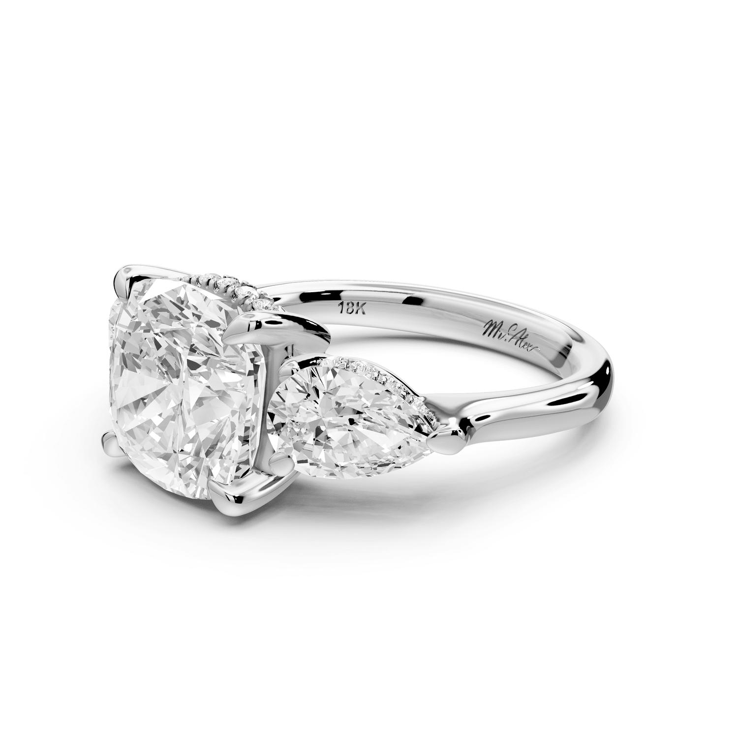 Stella - 4ct 18k white gold Three Stone cushion with pears Hidden Halo Engagement Ring - Mr. Alex Jewelry