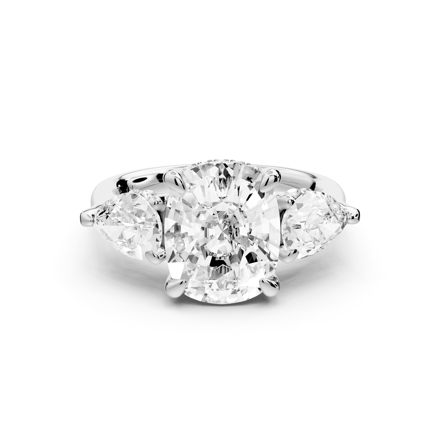 Stella - 4ct 18k white gold Three Stone ecushion with pears Hidden Halo Engagement Ring - Mr. Alex Jewelry