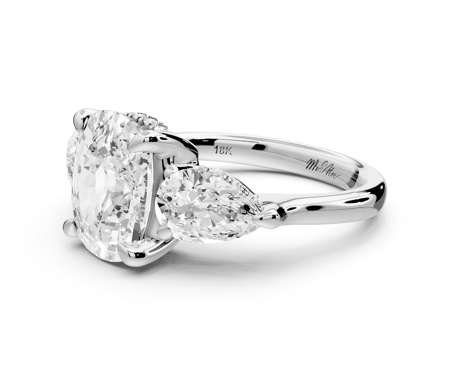 Stella - 4ct 18k white gold Three Stone ecushion with pears Hidden Halo Engagement Ring - Mr. Alex Jewelry
