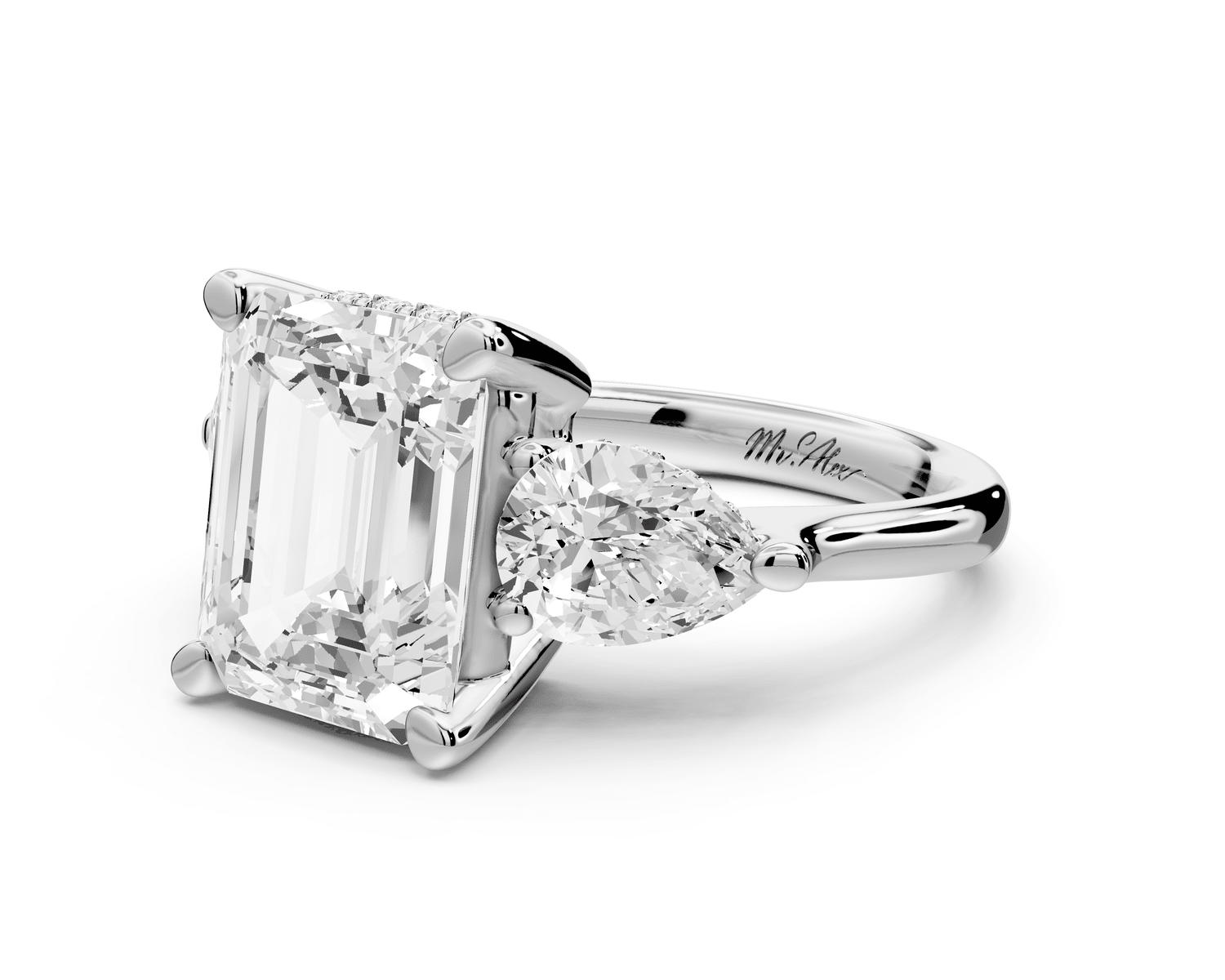 Stella - 4ct 18k white gold Three Stone emerald with pears Hidden Halo Engagement Ring - Mr. Alex Jewelry