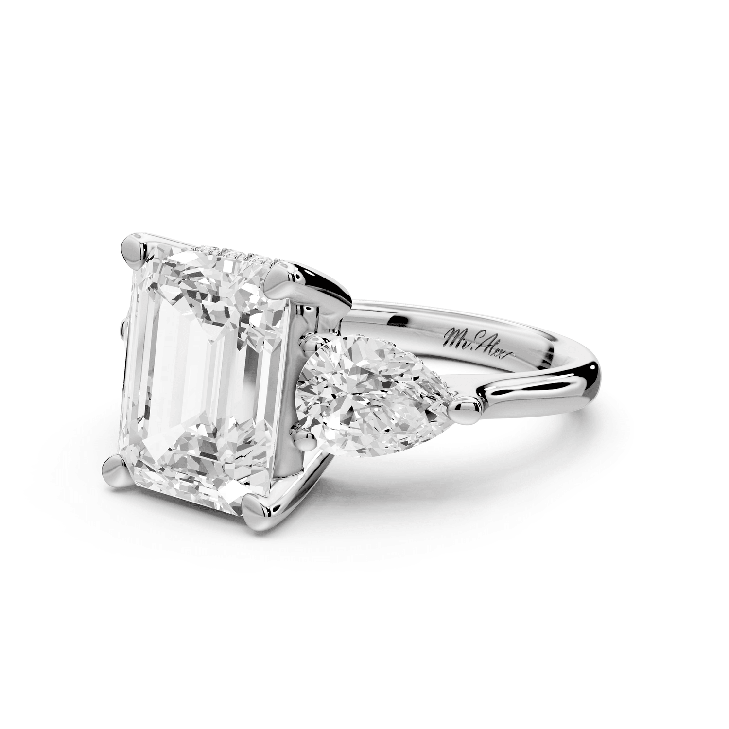 Stella - 4ct 18k white gold Three Stone emerald with pears Hidden Halo Engagement Ring - Mr. Alex Jewelry