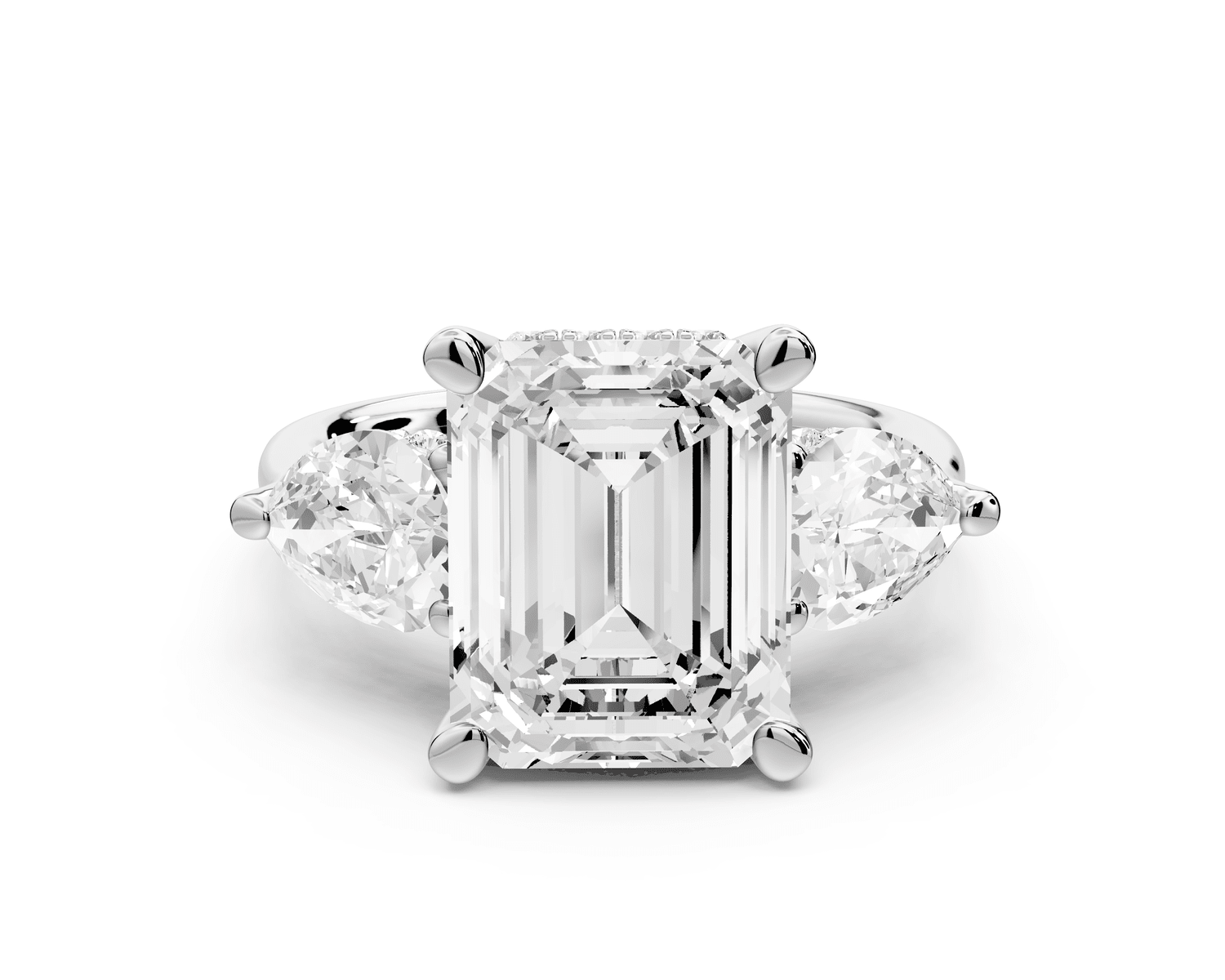 Stella - 4ct 18k white gold Three Stone emerald with pears Hidden Halo Engagement Ring - Mr. Alex Jewelry