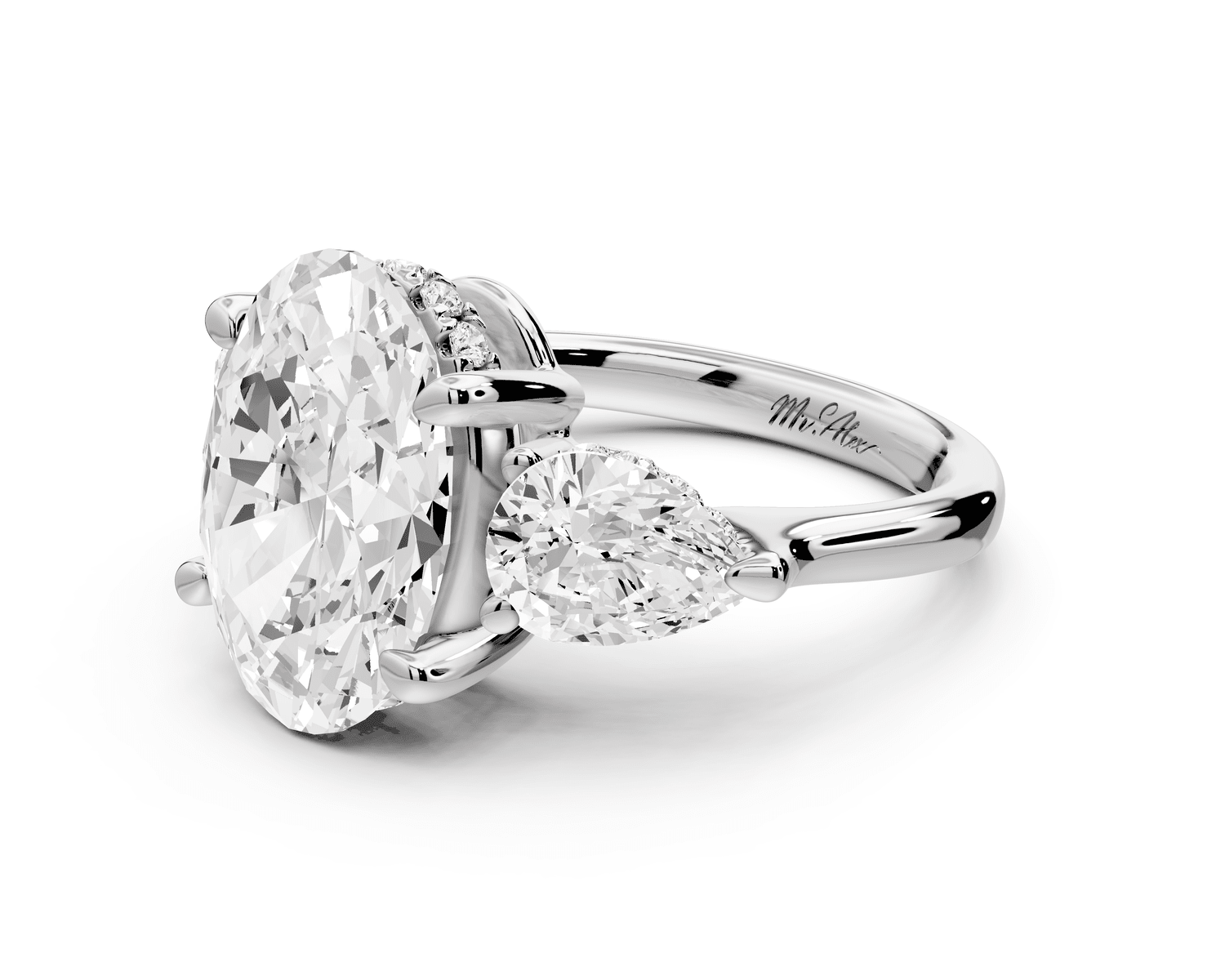 Stella - 4ct 18k white gold Three Stone oval with pears Hidden Halo Engagement Ring - Mr. Alex Jewelry