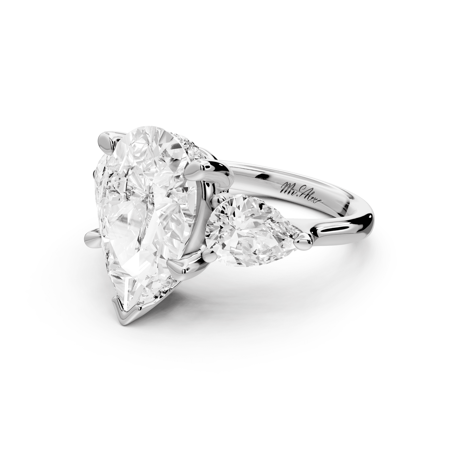 Stella - 4ct 18k white gold Three Stone pear with pears Hidden Halo Engagement Ring - Mr. Alex Jewelry