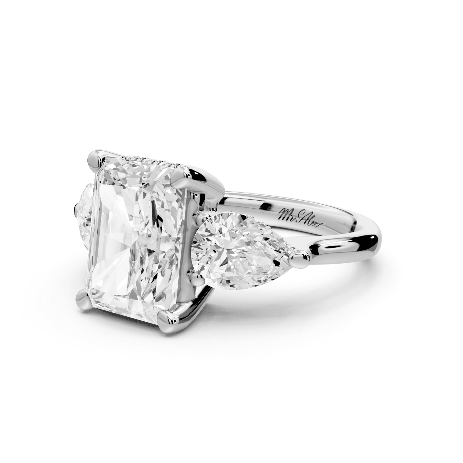 Stella - 4ct 18k white gold Three Stone radiant with pears Hidden Halo Engagement Ring - Mr. Alex Jewelry