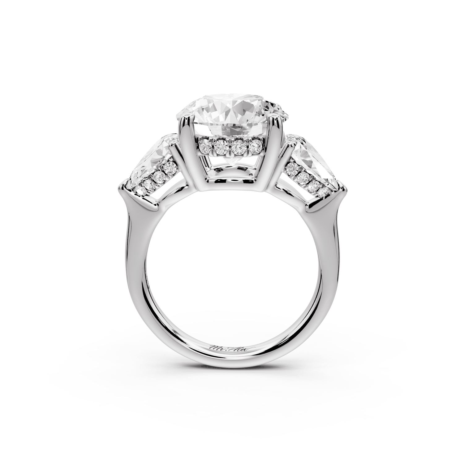 Stella - 4ct 18k white gold Three Stone round with pears Hidden Halo Engagement Ring - Mr. Alex Jewelry
