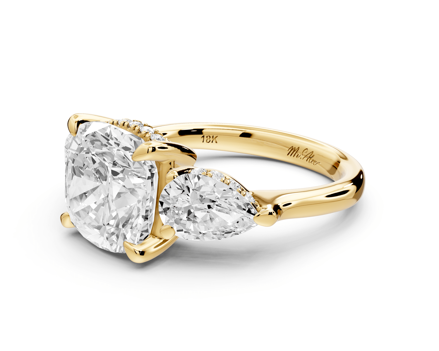 Stella - 4ct 18k yellow gold Three Stone cushion with pears Hidden Halo Engagement Ring - Mr. Alex Jewelry