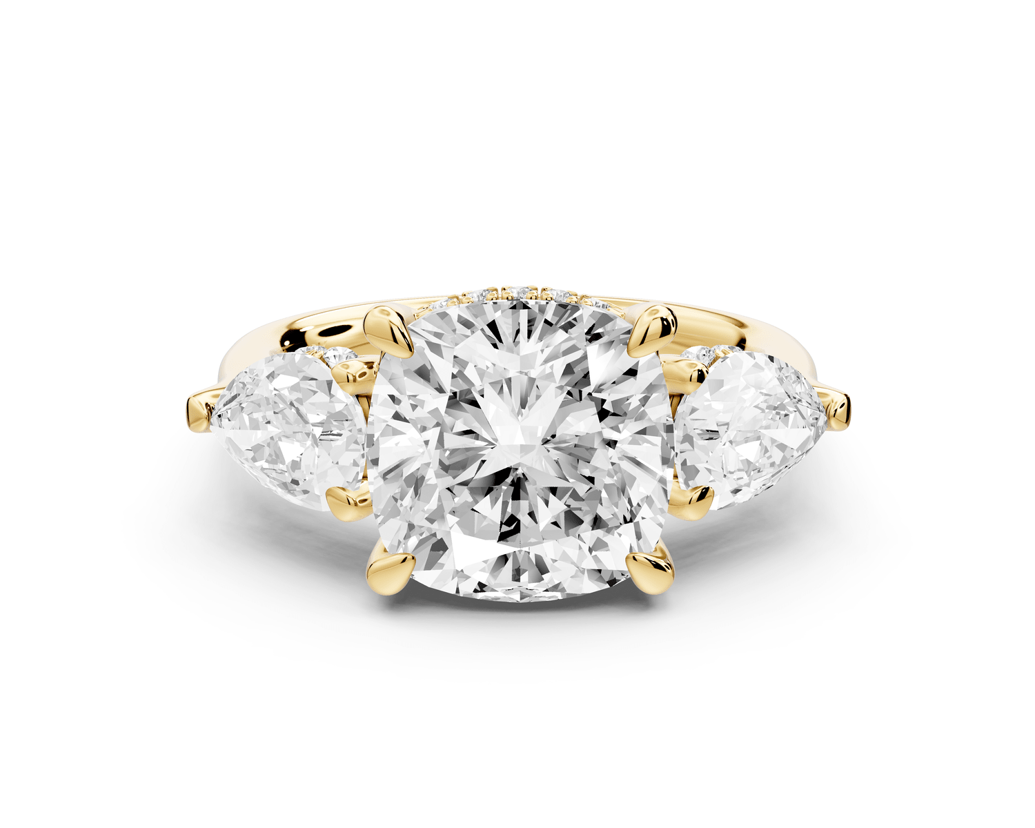 Stella - 4ct 18k yellow gold Three Stone cushion with pears Hidden Halo Engagement Ring - Mr. Alex Jewelry