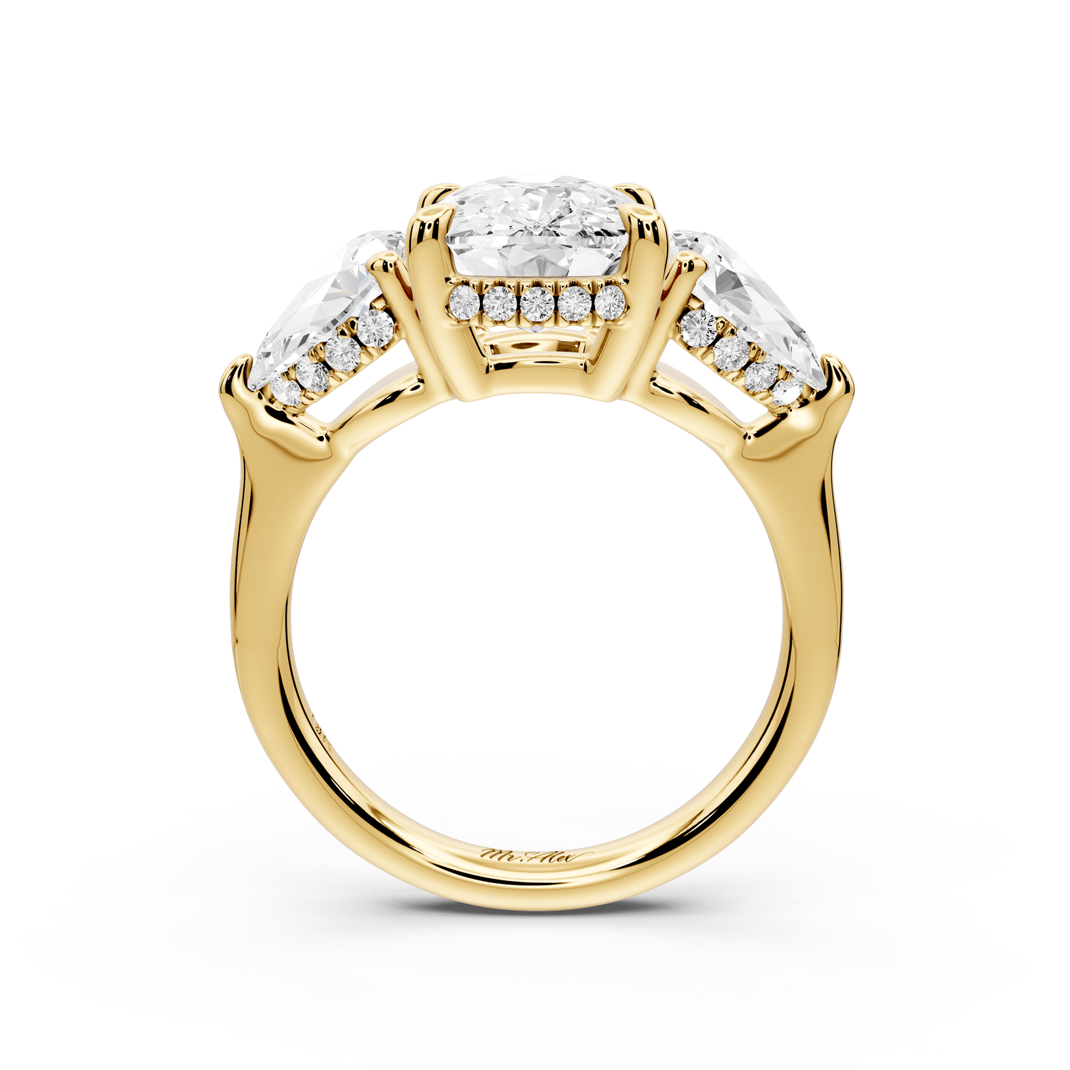 Stella - 4ct 18k yellow gold Three Stone ecushion with pears Hidden Halo Engagement Ring - Mr. Alex Jewelry