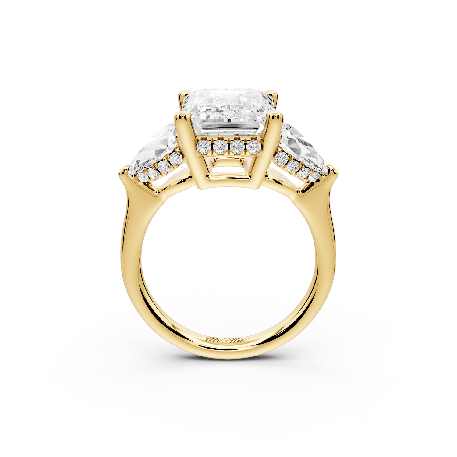 Stella - 4ct 18k yellow gold Three Stone emerald with pears Hidden Halo Engagement Ring - Mr. Alex Jewelry
