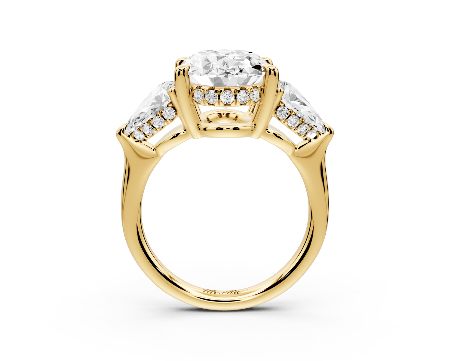 Stella - 4ct 18k yellow gold Three Stone oval with pears Hidden Halo Engagement Ring - Mr. Alex Jewelry