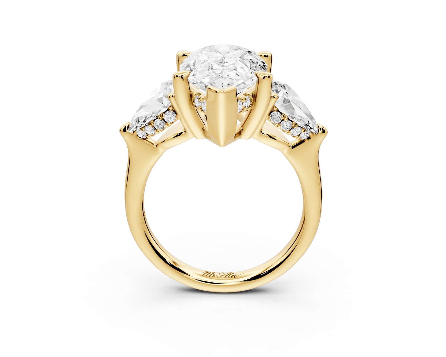 Stella - 4ct 18k yellow gold Three Stone pear with pears Hidden Halo Engagement Ring - Mr. Alex Jewelry