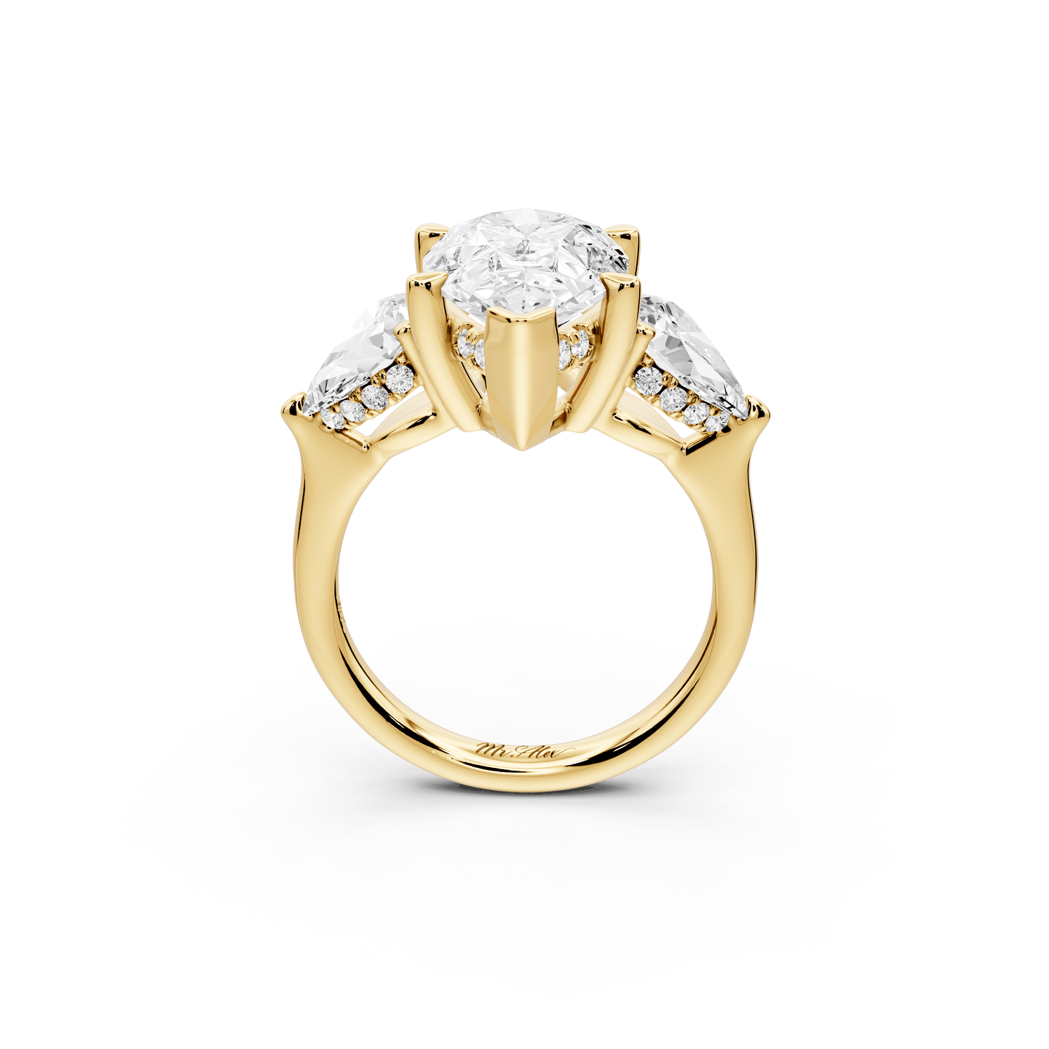 Stella - 4ct 18k yellow gold Three Stone pear with pears Hidden Halo Engagement Ring - Mr. Alex Jewelry