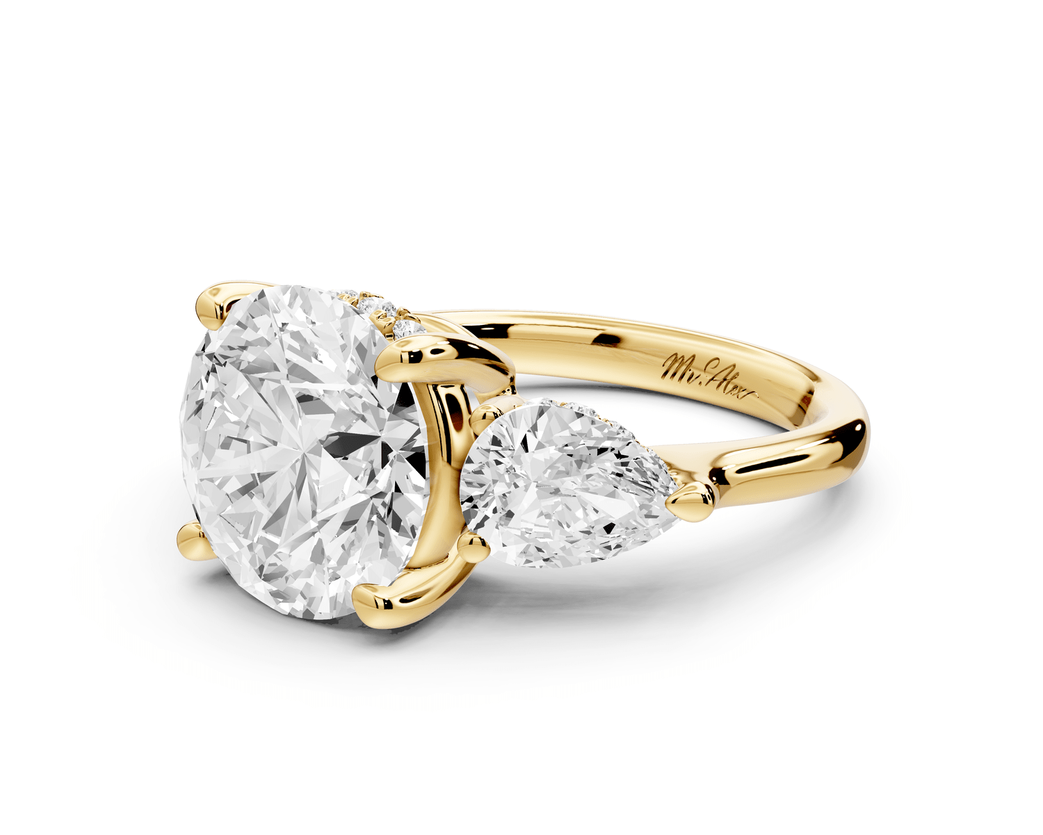 Stella - 4ct 18k yellow gold Three Stone round with pears Hidden Halo Engagement Ring - Mr. Alex Jewelry